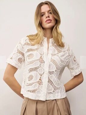0039 Italy Cropped Lace Blouse White Cotton Eyelet Button Down Top Boho Chic MD